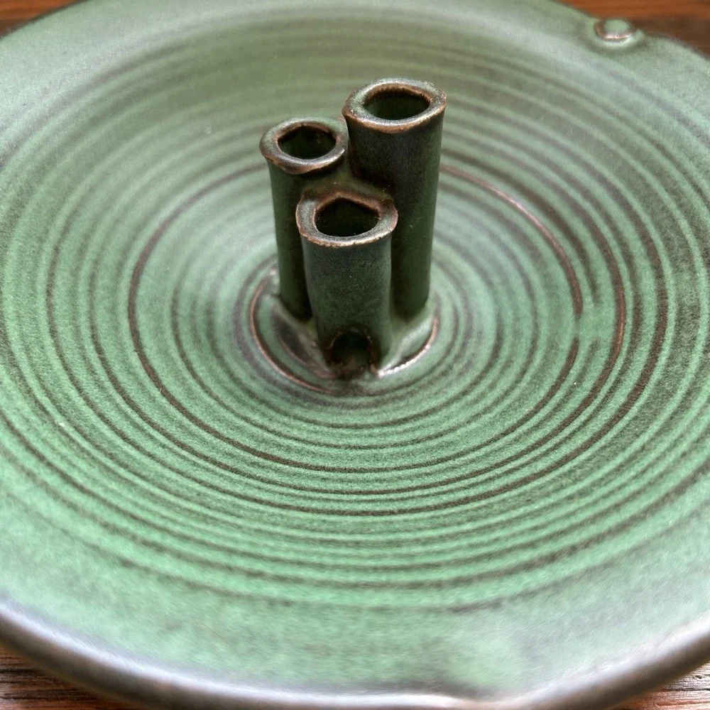 Studio Pottery Flower Frog Bowl Signed Green Glaze Ikebana Vase Holder